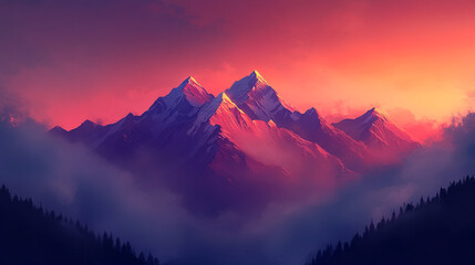 Majestic mountains under vibrant sunset with clouds and silhouettes