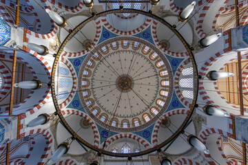 Obraz premium Interior of Rustem Pasa Mosque in Istanbul. Famous Rustem pasha mosque interior. Iznik blue tiles. Rustem Pasa Mosque most beautiful and classical