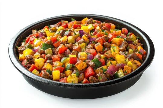 A vibrant, colorful dish of saut�ed vegetables and meat, showcasing a medley of fresh, diced peppers and herbs.