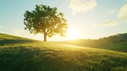 Obraz premium Bright morning sun rises over a lone tree on a green hillside in early spring