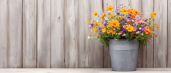 Rustic Metal Bucket Overflowing with Vibrant Wildflowers Against Weathered Wooden Countryside Fence