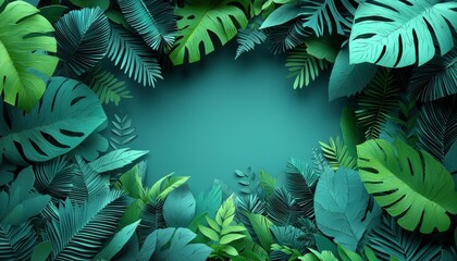 Fototapeta premium A vibrant arrangement of tropical leaves creates a lush, green frame, perfect for nature-themed designs and backgrounds.