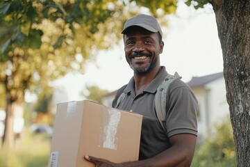 Happy Delivery Person Holding a Package Outdoors in a Sunny Neighborhood With Trees