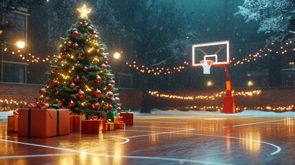 Christmas on the Court: Festive Basketball Scene - Christmas tree, presents, basketball hoop, snow, winter; symbolizing joy, sport, holidays, winter wonderland, festive spirit.