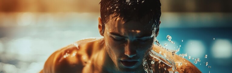 Naklejka premium A young swimmer breaks through the water's surface, droplets cascading down as sunlight illuminates his focused expression. The scene captures dedication and intensity