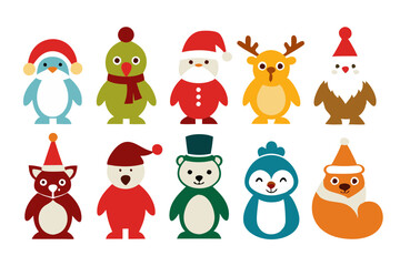 Fototapeta premium Set of Christmas icons. penguin, chicken, Santa Claus, reindeer, bear, fox, squirrel. Vector illustration 