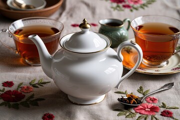 Fototapeta premium Cozy Vintage Teapot with Brewed Tea on Embroidered Fabric for Stylish Home Decor