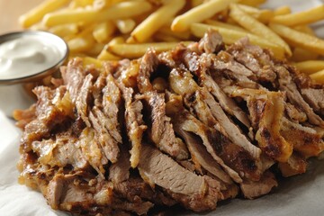 A delicious plate of sliced juicy grilled meat served alongside crispy golden fries.