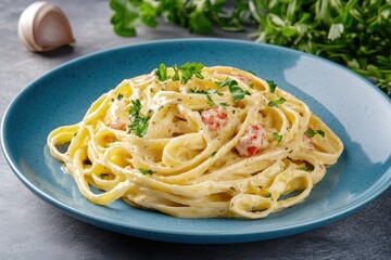 Delicious plate of creamy fettuccine pasta with herbs served in a blue bowl.