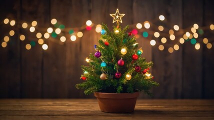 Fototapeta premium Small Christmas festival pine tree with ornaments and a star
