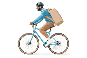Fototapeta premium A delivery man courier riding bike side view, isolated on white background