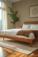 Mid century Modern interiors in bedrooms with walls and beds that have art frames hanging on them. Generative AI
