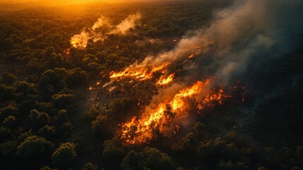 Fototapeta premium Aerial view of a wildfire spreading through a forest at sunset, showcasing the intense flames and smoke.