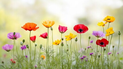 Fototapeta premium Vibrant Wildflowers Blossoming in Soft Focused Countryside Landscape