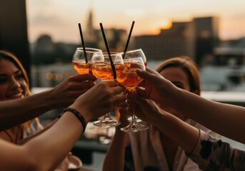 Group toasting Aperol spritz cocktails at a rooftop party during sunset