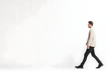 Obraz premium Side view of casual man walking isolated on white background