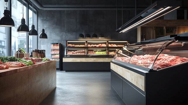 Modern butcher shop interior featuring fresh meat displayed in glass cases, wooden counters, and stylish industrial lighting for a clean, inviting setting.