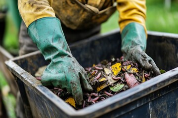 Close up of farmer mixing compost with earthworms for sustainable agriculture