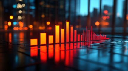 Vibrant Data Visualization with Colorful Bar Graph Elements on a Reflective Surface Showcasing Modern City Lights in the Background at Night