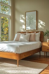 A mid century modern interior with a good light bedroom with hanging walls and beds. Generative AI
