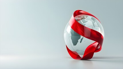 A symbolic World AIDS Day poster featuring a red ribbon intertwined with a globe on a clean white background.