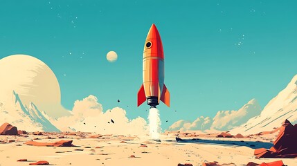 Fototapeta premium Retro Rocket Launching From An Alien Planet