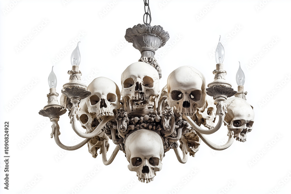 Wall mural a chandelier made of bones and human skulls isolated on a white background...