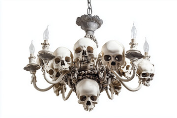 A chandelier made of bones and human skulls isolated on a white background...