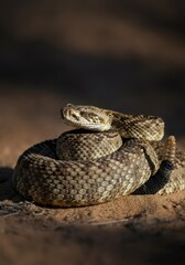 Obraz premium Rattlesnake coiled in sunlit desert habitat, close-up of scales and rattle