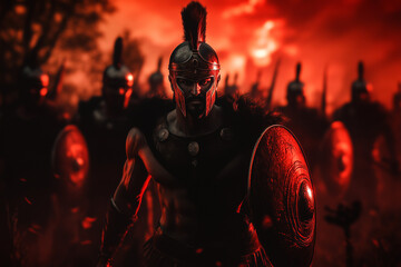 An army of mighty Spartans in armor standing on the battlefield on a bloody moon background.....