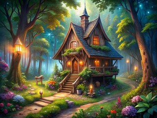 Obraz premium Enchanted Forest House: A Whimsical Wooden Cottage Surrounded by Lush Woods, Perfect for Children's Book Illustration Featuring Witch Magic and Nature's Wonders