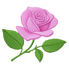 Fototapeta premium A pink rose with green leaves is embroidered isolated on transparent or white background, png