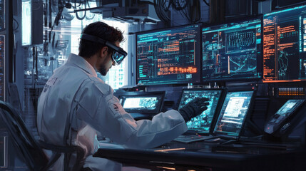 A scientist in a futuristic laboratory, wearing high tech glasses, analyzes data using high tech equipment and digital screens, AI Generative