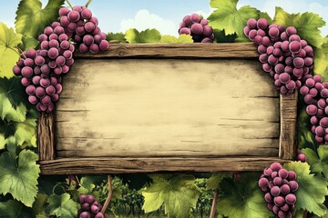 Fototapeta premium Vineyard Sign. Blank Signage Frame with Grapevine Background