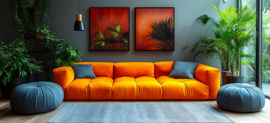 Obraz premium Minimalist Japandi Living Room with Orange Sofa and Blue Pouf Accents