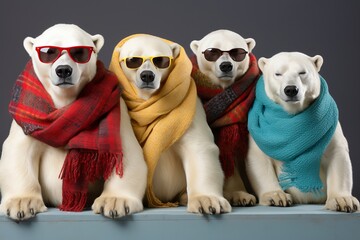 Obraz premium Stylish polar bears don colorful scarves and sunglasses for a playful winter look. Generative AI
