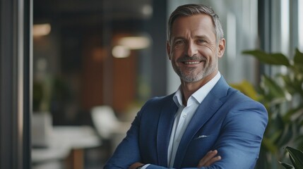 Fototapeta premium A man in a blue suit is smiling and posing for a picture