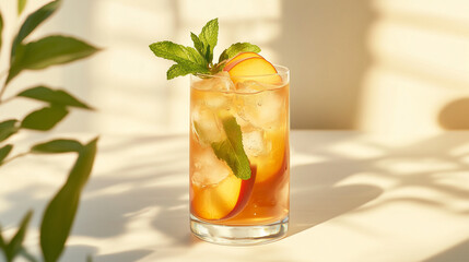 Fototapeta premium Refreshing peach iced tea with mint garnish
