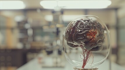 Close-Up of Human Brain Model with Evident Damage - Symbolizing Brain Injury, Set in a Medical Laboratory with a Blurred, Soft-Focused Background