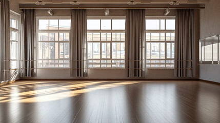 Obraz premium A bright and spacious dance hall with large windows, wooden floors, and ballet barres, flooded with natural light, perfect for rehearsals or performances.