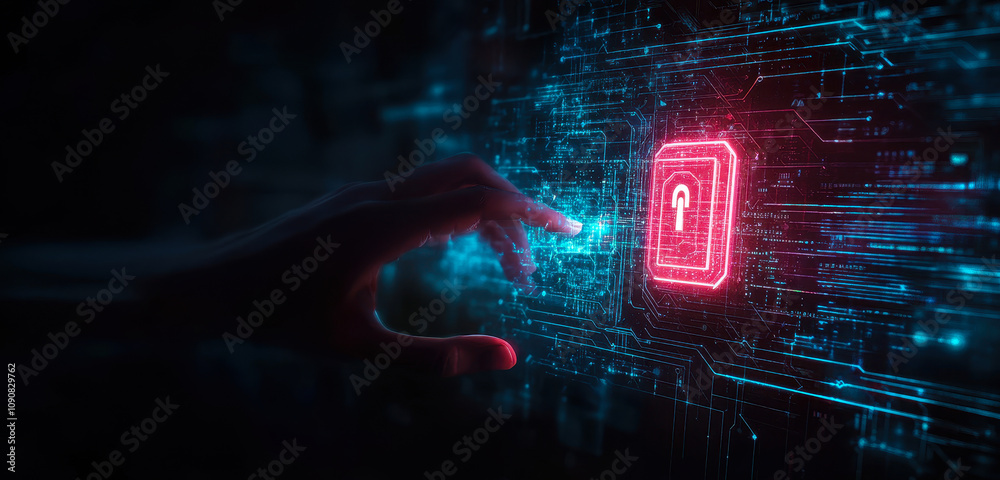 Poster cybersecurity concept with virtual interface padlock and digital identity verification
