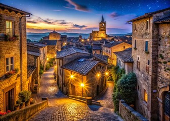 Obraz premium Enchanting Nightscape of Orvieto Old Town, Italy: A Macro Photography Exploration of Historic Architecture and Vibrant Street Life Under a Starry Sky