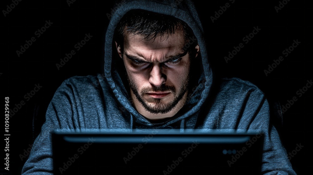 Aufkleber A man is sitting in front of a computer screen with a hoodie on