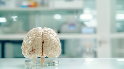 Close-Up of Human Brain Model with Evident Damage - Symbolizing Brain Injury, Set in a Medical Laboratory with a Blurred, Soft-Focused Background