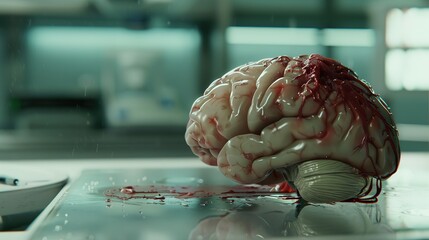 Close-Up of Human Brain Model with Evident Damage - Symbolizing Brain Injury, Set in a Medical Laboratory with a Blurred, Soft-Focused Background