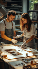 Fototapeta premium Couple engaged in careful inspection of developed photographs in a bright studio environment