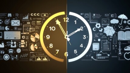 Fototapeta premium Time Management: A striking visual representation of time management with a clock divided between day and night, surrounded by icons symbolizing work, life, and productivity.