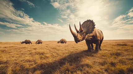 Fototapeta premium A group of Triceratops grazing in a wide open plain, their horns glinting in the sunlight.