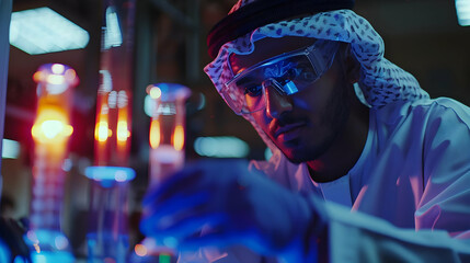 Scientist Carefully Examining Colorful Liquids in Test Tubes in a Laboratory Under Neon Lights