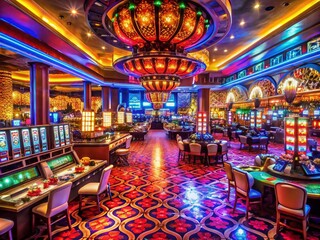 Fototapeta premium Exciting Casino Landscape with Vibrant Lights and Elegant Design Capturing the Thrill of Gaming and Entertainment in a Luxurious Atmosphere